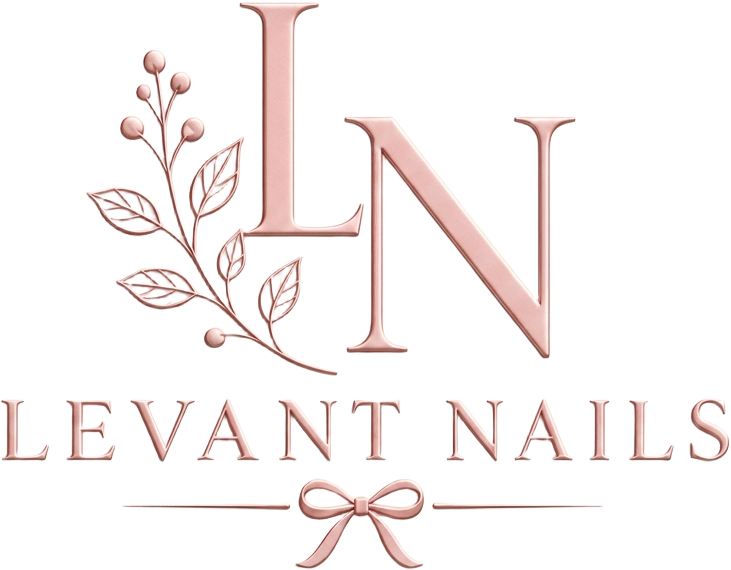 Levant Nails — rose-gold LN monogram with botanical sprig and bow
